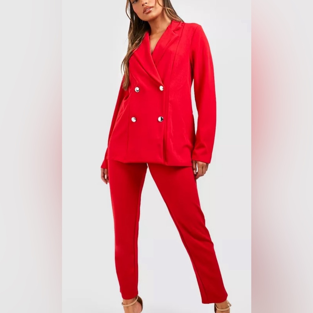 Boohoo Red Double-Breasted Blazer Long Sleeve Pockets Business Casual
